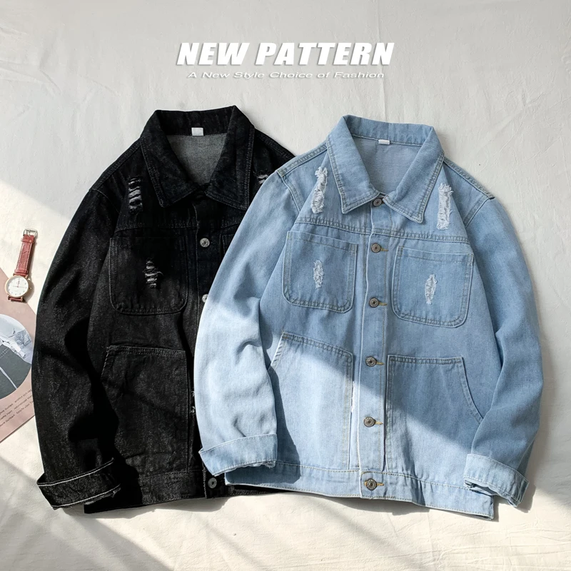 new good size fashion denim jacket lapelSpring fashion loose coupleEmbroidered casual jacket