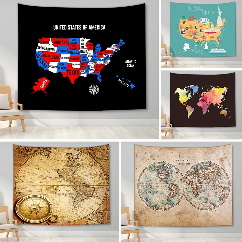 Papel tapiz de mapa del mundo para dormitorio, tapiz colgante de pared abstracto, decoración de pared para el hogar, manta para dormitorio, sala de estar y dormitorio