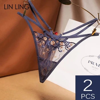 

2 Pieces Sexy Thong Mesh Transparent underwear women Hollow Embroidered Panties Low-Rise Fashion Lingerie Tempting G-string Hot