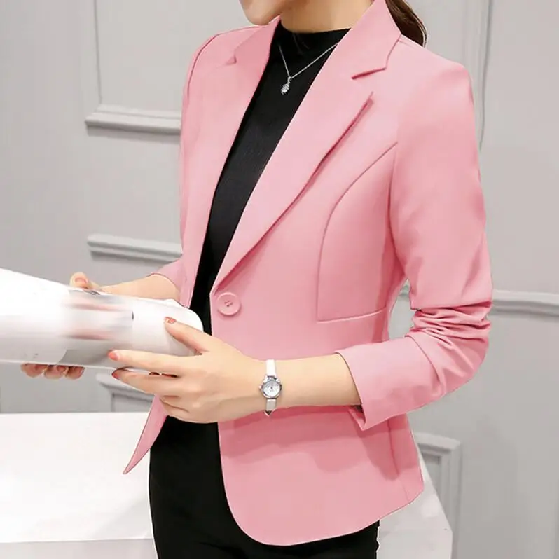 Женский блейзер, розовый, длинный рукав, однотонный пиджак на одной пуговице, тонкий женский офисный жакет, Женский Топ, костюм, Блейзер, женские куртки - Цвет: Pink