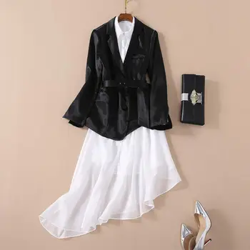 

2020 spring summer Women two piece outfits black sashes blazer + white long sleeve asymmetric shirt dress suit 2pc set