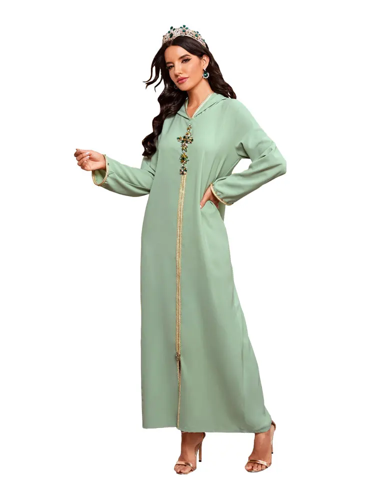 

Ladies Chiffon Beaded Diamond Hooded Abaya Dress Cafetan Islamic Clothing Muslim Dress Jilbab Djellaba Robe