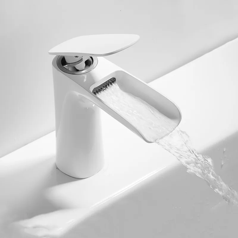 LIUYUE Basin Faucets Brass White/Black Single Handle Bathroom Open-type Waterfall Basin Faucet Cold Hot Water Sink Mixer Taps - Цвет: white