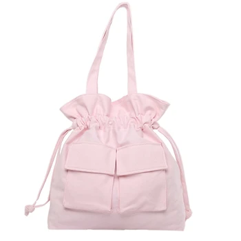 

Harajuku Wild Drawstring Drawstring Canvas Shoulder Bag Lazy Style Solid Color Large Capacity Shoulder Bag