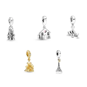 

925 Sterling Silver Beads Pendant Gold Castle House Sydney Theatre Eiffel Tower For Women Pandora 925 Original Bracelet Necklace
