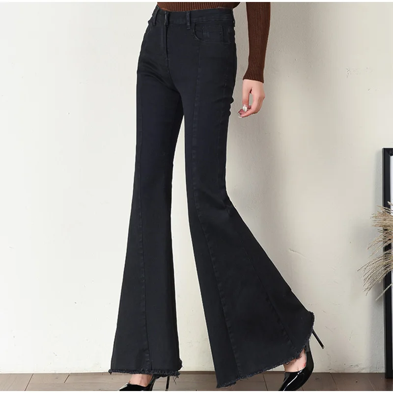 Plus Size Big Bell-Bottom Stretch Black Denim Long Jeans For Women 5Xl 7Xl Autumn Winter Wide Leg Tassel Skinny Flare Pants Plus Size Big Bell-Bottom Stretch Black Denim Long Jeans For Women 5Xl 7Xl Autumn Winter Wide Leg Tassel Skinny Flare Pants
