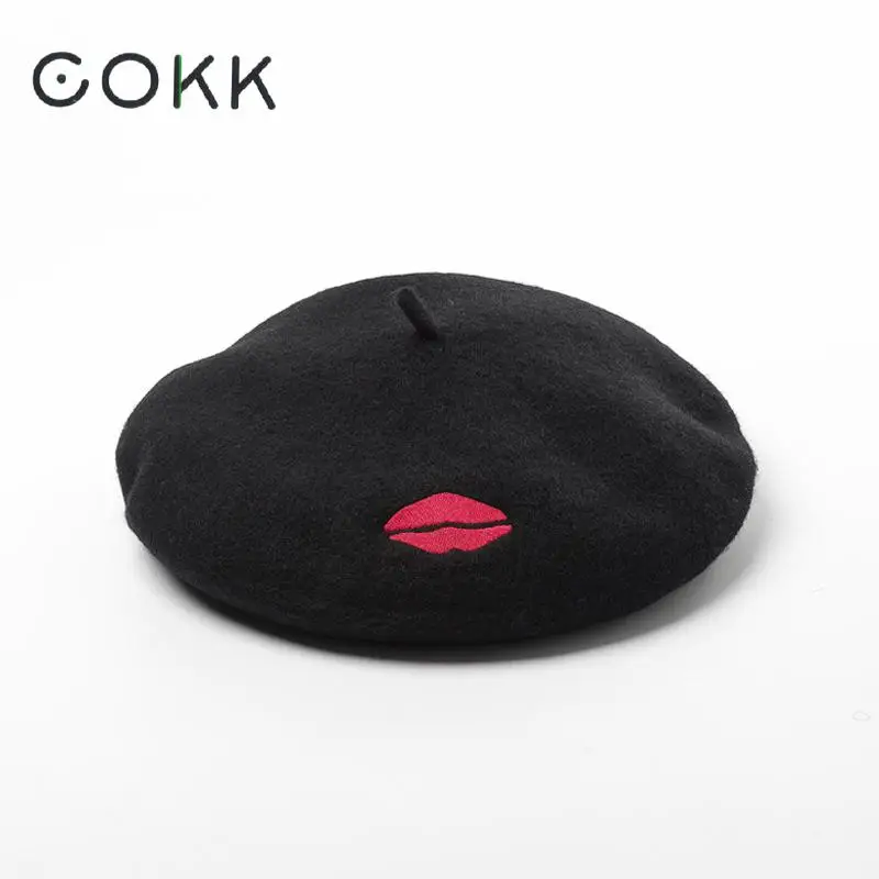 COKK осень зима женские шапки Красная Вышивка губ чистая шерсть берет живописца шапка теплый винтажный капор Boina Gorras Chapeau Femme