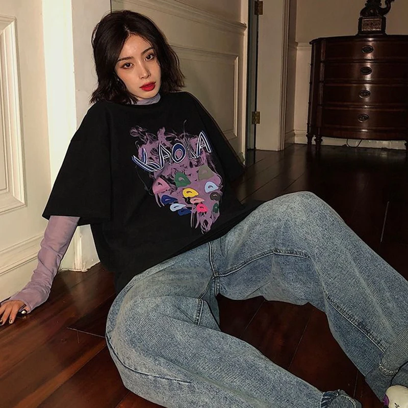 Goth cotton Short Sleeve Top Tee Female Kawaii y2k mujer Grunge kpop футболка Harajuku Music girl Print Black Crop Women T-shirt