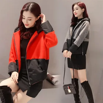 

Contrast Color Short Woolen Stitching Cotton Jacket Women 2019 Autumn and Winter New Korean Fashion Loose Warm Coat hooded f1798