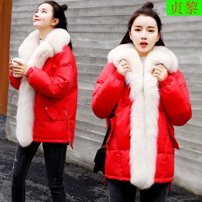 

2018 Winter New Style Short-height Short Cotton-padded Clothes Korean-style Fashion Mid-length Large Fur Collar Loose-Fit Padded