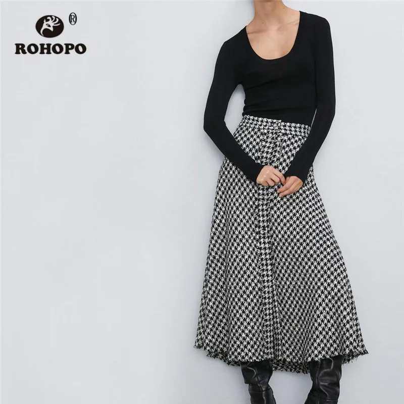 ROHOPO Houndstooth Высокая талия твидовая Расклешенная юбка миди британская Academy Slip Hem