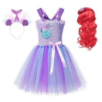 

MUABABY Girl Princess Mermaid Tutu Dress Kids Crochet Tulle Strap Ball Gown Children Ariel Ribbon Fancy Dress Up Costume Clothes