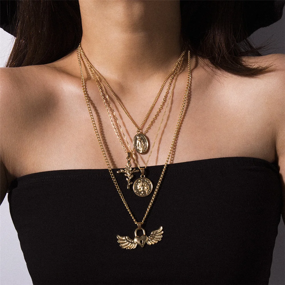 Винтажное ожерелье с кулоном в виде цветка Девы Марии, многослойное ожерелье с крыльями, Золотая Серебряная длинная цепочка, ожерелье для женщин, свитер