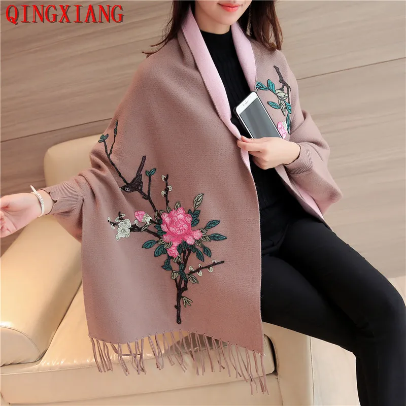 11 Colors Oversize Autumn Winter Embroidered Flowers Scarf Knitted Poncho Coat Women Batwing Sleeves Wrap Outstreet Wear Shawl