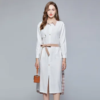 

Autumn Dress Women's Waist Belt Fashion Stitching Check Irregular Shirt Dress Women