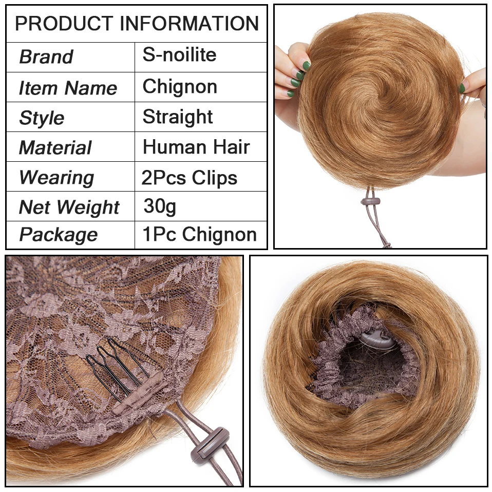S-noilite 30g Hair Bun Donut Chignon Hairpiece Wrap On Elastic Scrunchie Black Brown Blonde Headwear Clip In Extension Hair Band Human Hair Bun Extension