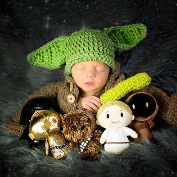 

Hot Factory Direct Newborn Yoda Costume for Photo Shoot Knitted Infant Baby Boy Girls Hat Beanie Crochet Baby Photography Props