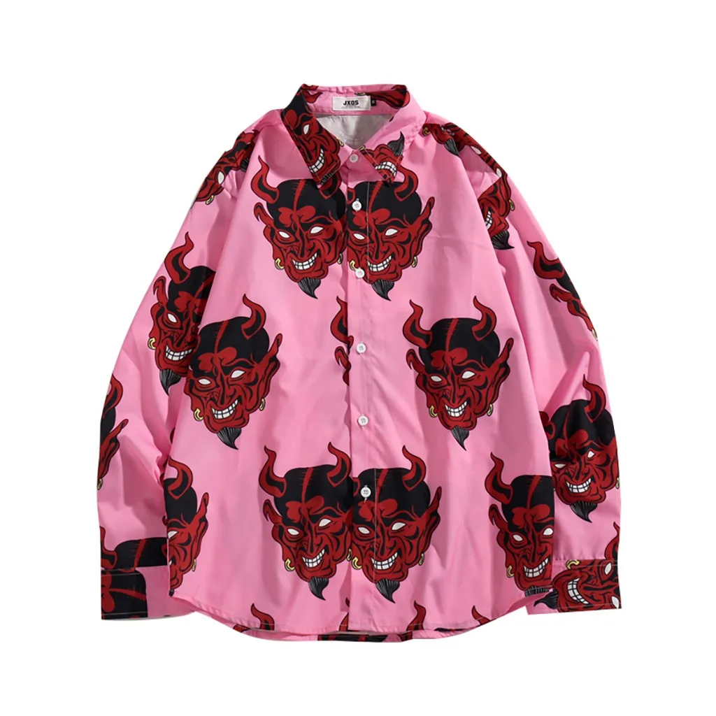 Мужские рубашки с длинным рукавом с принтом сатана дьявола, уличная одежда харуджку, Гавайские рубашки для мужчин s для женщин, хип-хоп Повседневная винтажная розовая рубашка 9