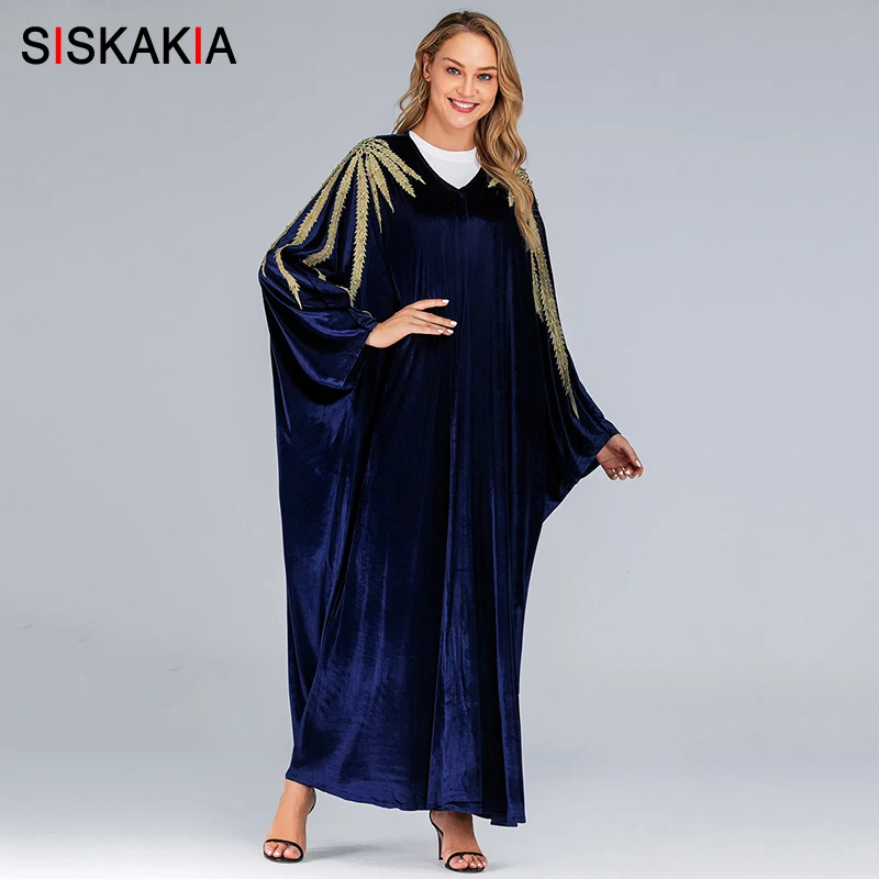 Siskakia, женские халаты в форме летучей мыши, модные мусульманские, открытые, Абая, бархат, золотые листья, вышивка, большие, арабские, дубайские кимоно
