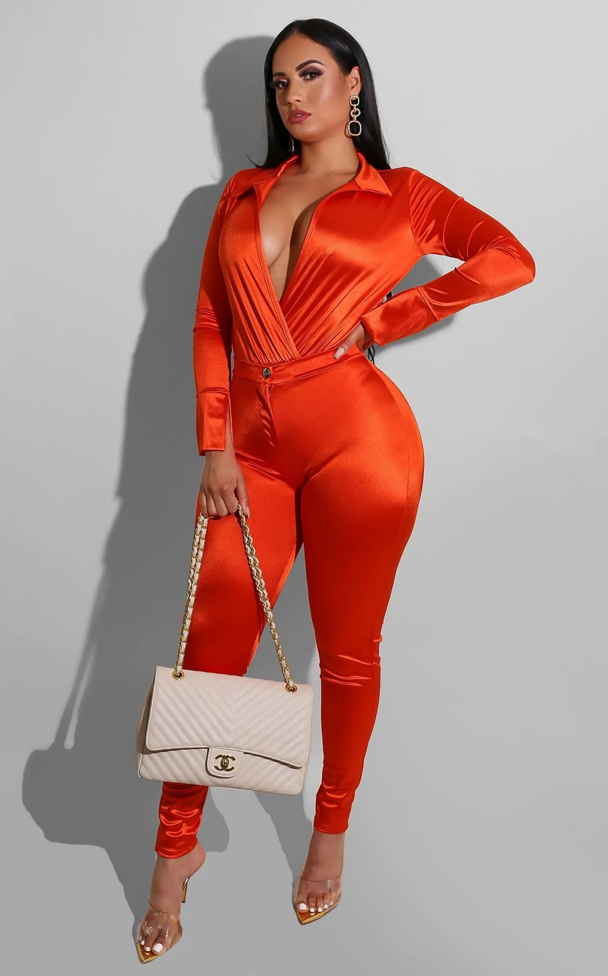 New Style Women Aexy V Neck Long Sleeve Satin 2 Two Piece Set Shirt Blouse And Pants Suit formal pant suits