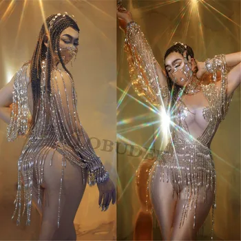 

Bar Nightclub Sexy Stage Wear Shiny Rhinestones Pearls Tassels Bodysuit Women DJ Singer Pole Dancing Performance Leotard Costume