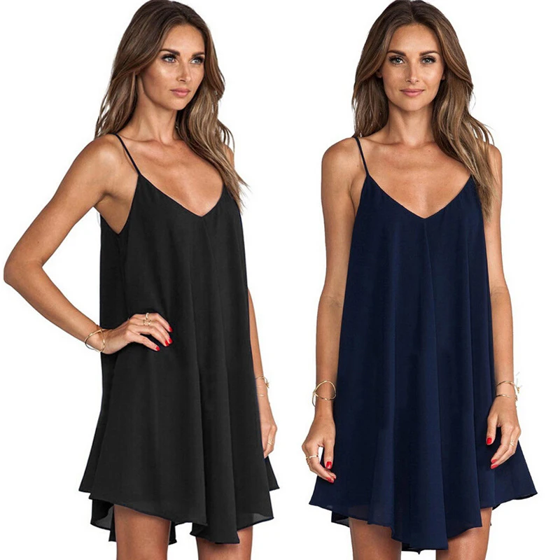 

1PC Summer Women Sling Dress Sexy Loose Beach Style Strappy Backless V-Neck Casual Solid Short Dress Sleeveless Dress Plus Size