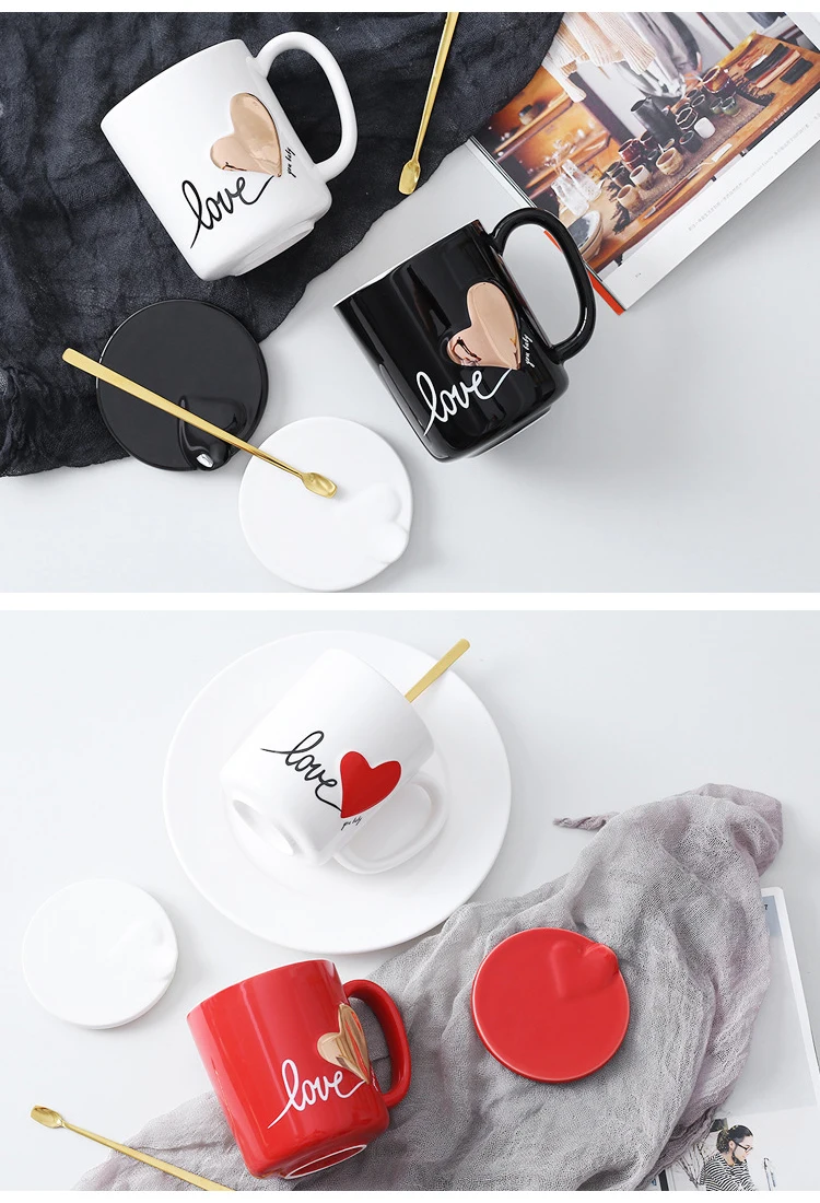 Скандинавская креативная керамическая чашка сердце любовь пара чашка с крышкой ложка кружка офисная кофейная чашка кружка