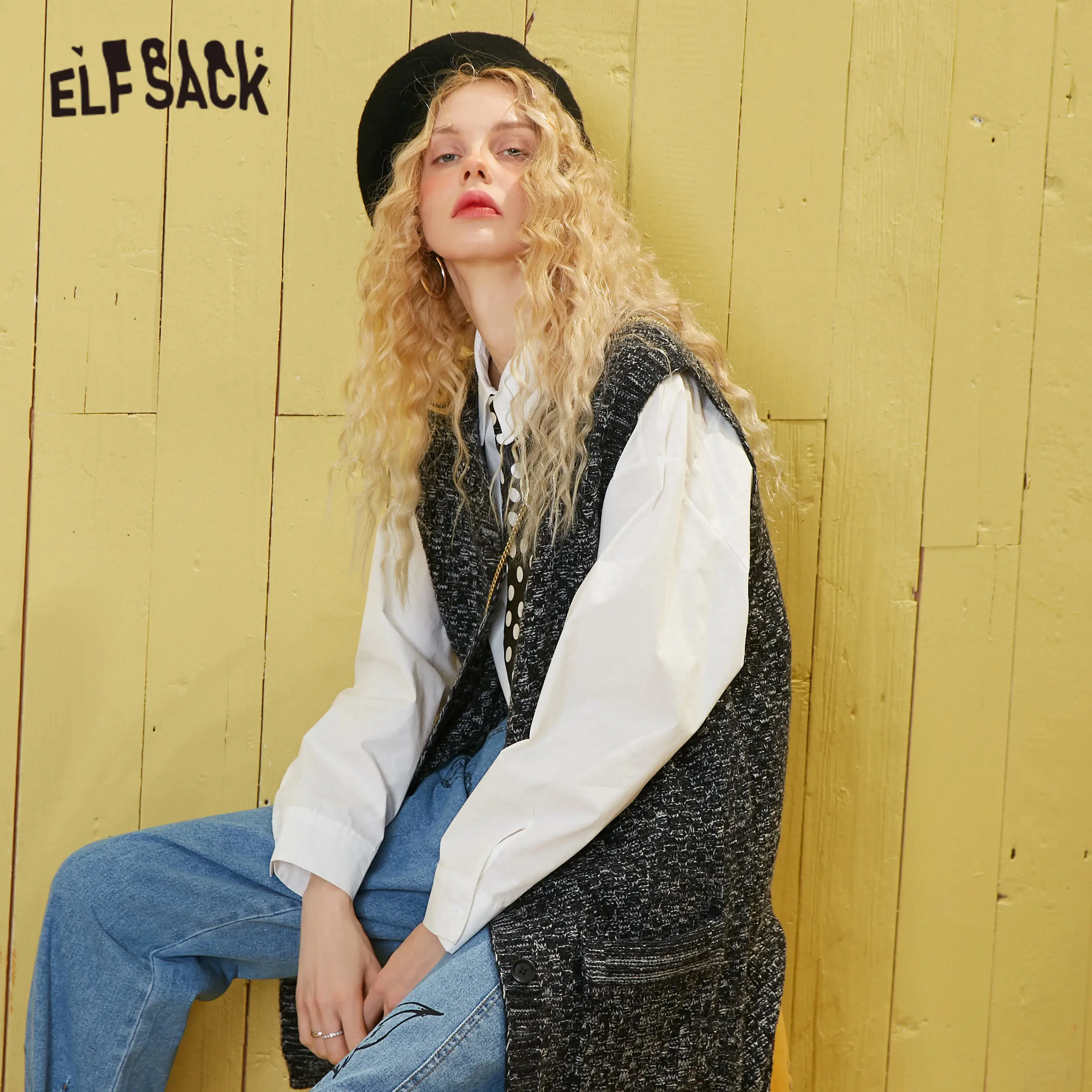 Женский однобортный трикотажный кардиган ELFSACK темно серый однотонный