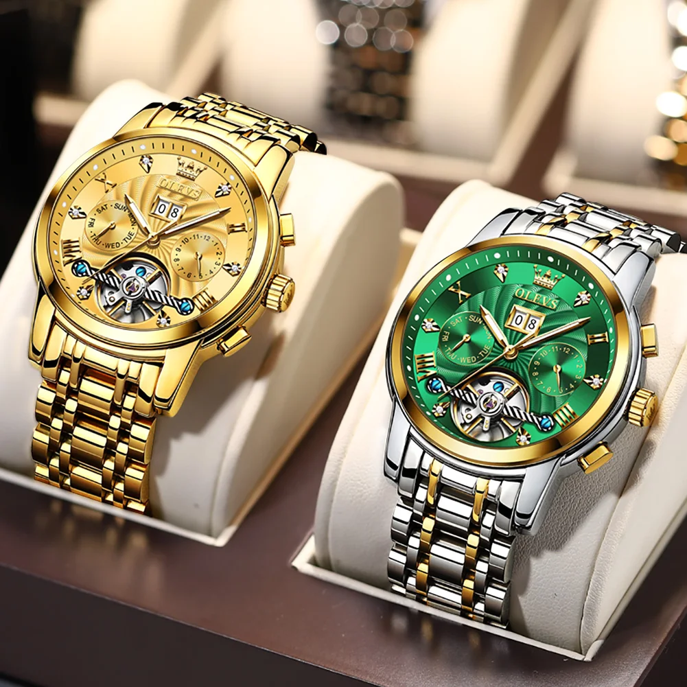 OLEVS Mens Watch Automatic Mechanical Tourbillon Slef-Wind Luxury Stainless Steel Waterproof Luminous Date Wrist Watch