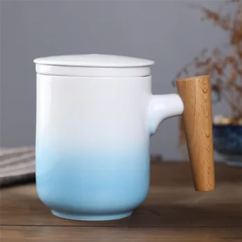 

Nordic Ceramic Tea Mugs Creative Gradient Filter Cups Round Wooden Handle with Lid Filter Mugs Home Study Living Room Supplies