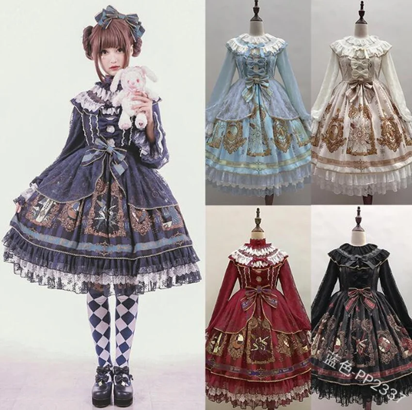 

vintage lace bowknot Gothic palace sweet lolita dress stand high waist printing victorian dress kawaii girl gothic lolita op cos