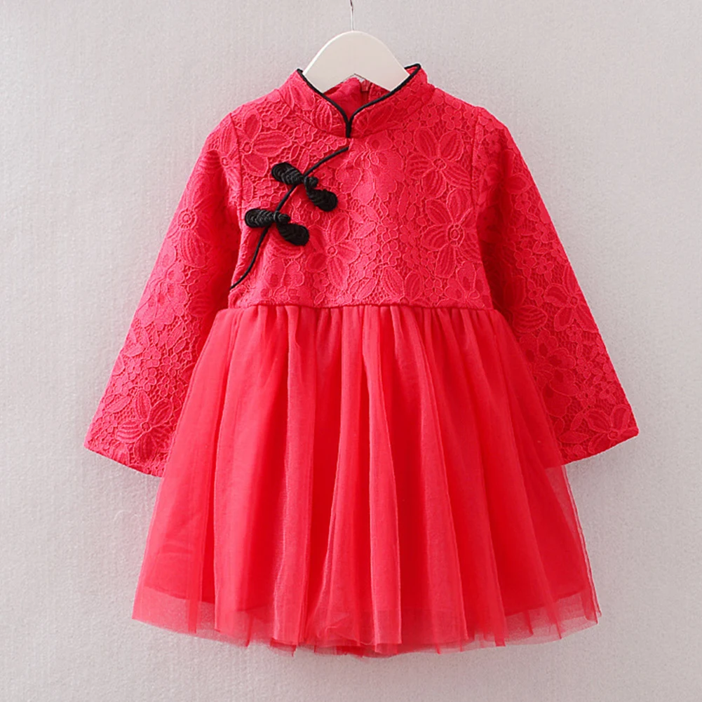 Платья для девочек Новая детская одежда год детское платье с длинным рукавом для девочек в китайском стиле Стиль однотонное платье-Ципао; весеннее кружевное платье принцессы D1