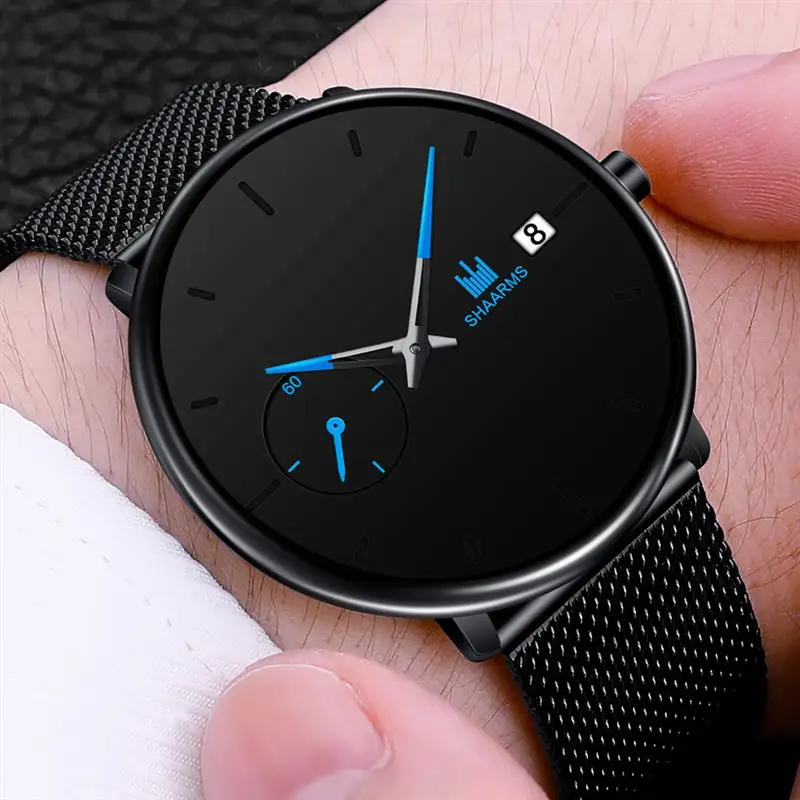 

SHAARMS Luxury Mesh Band Watch For Men Stainless Steel Mininmalism Date Quartz Wristwatch Male Man Fashion Business Watches
