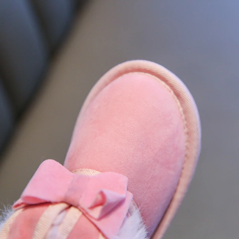 Модные меховые зимние ботинки с бантом для детей 1-6 лет; зимняя обувь для девочек; детские зимние ботинки; кожаные ботинки для детей; Нескользящие Детские ботинки принцессы