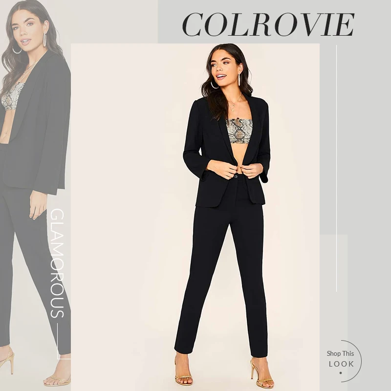 COLROVIE черный шаль блейзер с воротником и сигаретными штанами комплект Женские однотонные брюки комплект Осенняя женская одежда сексуальный женский комплект