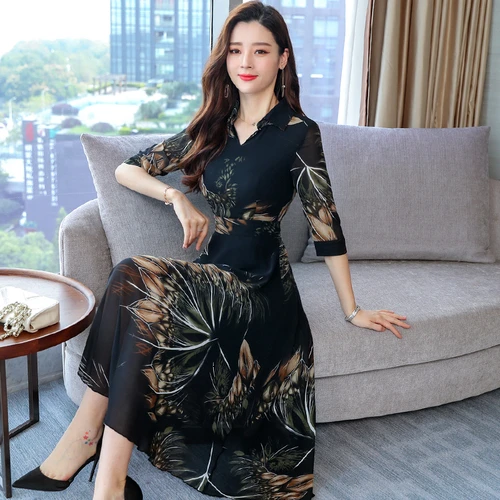 

Spring Chiffon Fashion Printed Women Dress 2019 New Style Summer Seven-minutes Sleeve Female Slim Elegant Temperament Dresses