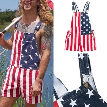 

New Summer Unisex Jeans Bib Overall Lovers' Playsuit Bodysuit Overalls Rompers Plus Size American Flag Print Short Jumpsuits