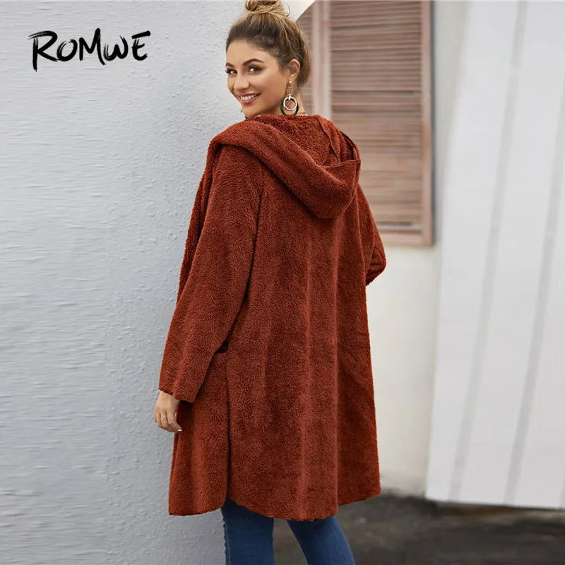 ROMWE/пальто с двойными карманами, с открытым передом, с капюшоном, коричневое, повседневное, зимняя куртка для женщин, овчина, негабаритная куртка, женское длинное пальто