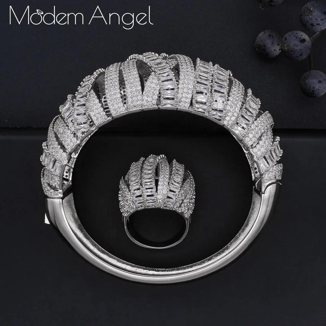 ModemAngel роскошные золотые цвета широкий браслет кольцо набор два слоя медь набор украшений со стразами для женщин Свадебные украшения