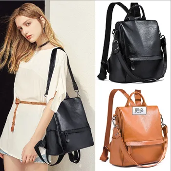 

New pure color all-pu retro oil leather college style backpacks with large capacity and versatile classic fashion backpacks