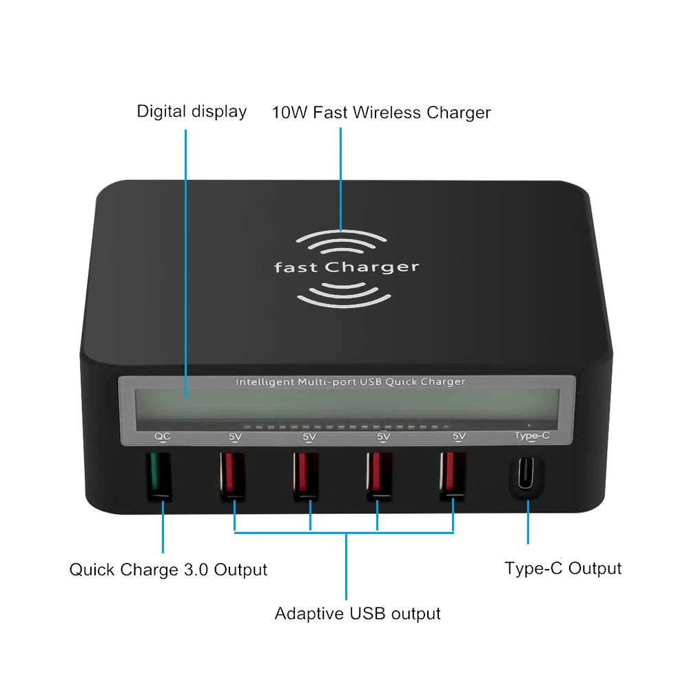 Универсальный 6 портов usb type C зарядное устройство цифровой дисплей QC 3,0 быстрозарядная станция бытовой беспроводной зарядный адаптер с вилкой ЕС