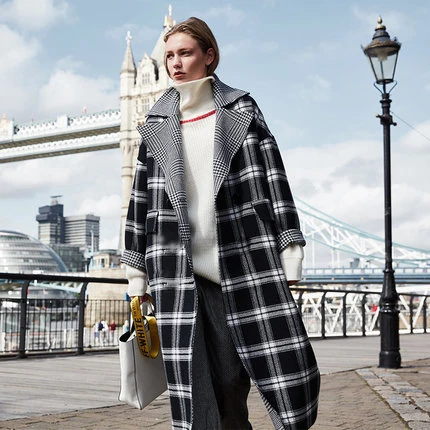 Новая британская Высокая мода подиум зимнее женское негабаритное винтажное 80% шерстяное клетчатое свободное Макси длинное пальто с поясом Женская верхняя одежда