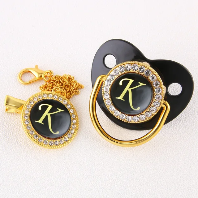 Luxury Black Bling Baby Pacifier And Clip Alphabet Letter M Infant Pacifier Gold Letter Unique 26 Name Initials Baby Shower Gift K