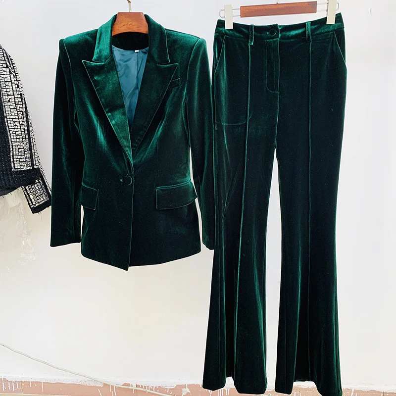 HIGH STREET Newest 2022 Designer Runway Suit Set Women's Single Button Velvet Lapel Blazer Flare Pants Set