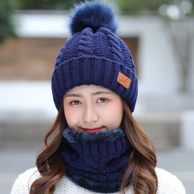 

Women's Winter hat and Scarf Set Thicken Cotton Skullies Beains Hat Winter Warm Ring Scarf Female Hats for Girls Pom Poms Hat