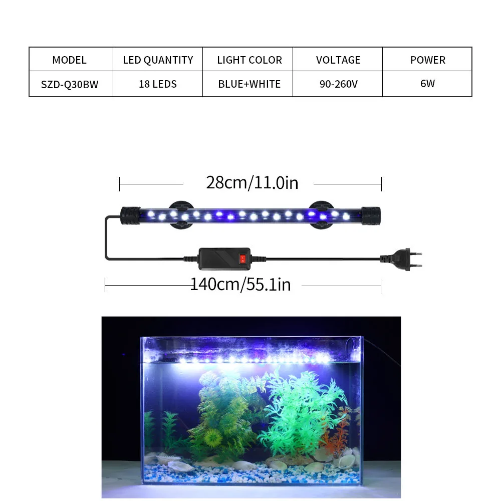 LED Fish Tank Light Indoor Aquarium Decor Lighting Aquatic Lamp Plant Lamp Waterproof Clip Fixed Fish Light 18-58CM 220V EU Plug