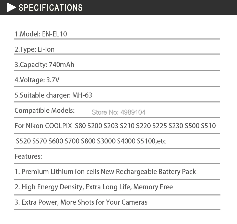 Камера Батарея для Nikon EN-EL10 RU EL10 COOLPIX S200 S210 S220 S230 S3000 S4000 S500 510 S5100 S520 S570 S60 S600 S70