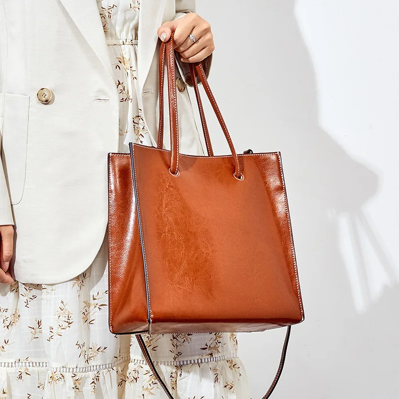 

Oil Wax Cowhide Women Large Capacity Casual Totes for Lady Crossbody Single Shoulder Bags Genuine Leather Brown Black Bag FH323