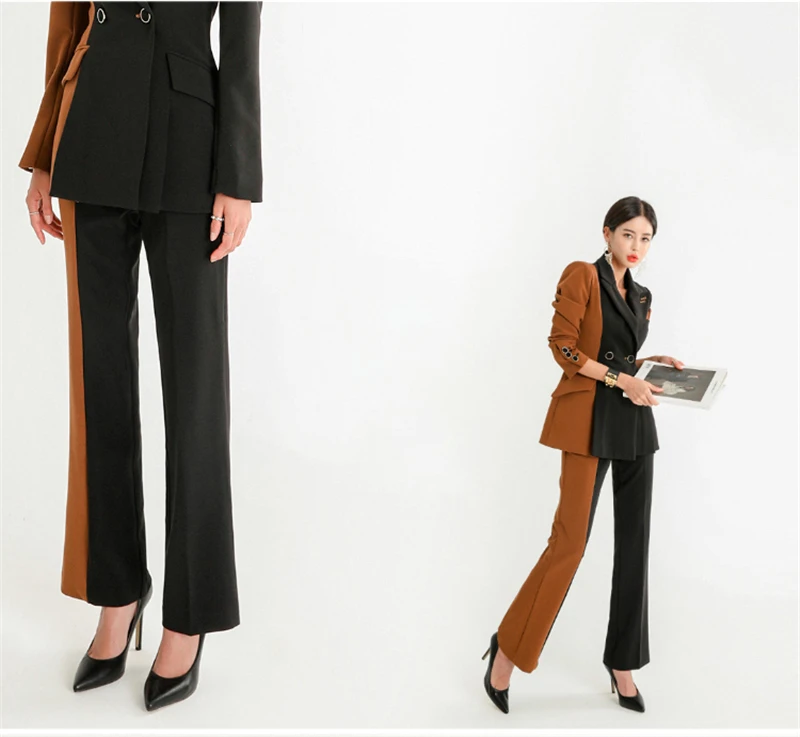 BGTEEVER модный лоскутный Женский блейзер, двубортный пиджак с поясом и брюки-карандаш, женский брючный костюм, 2 предмета, рабочий костюм, Femme