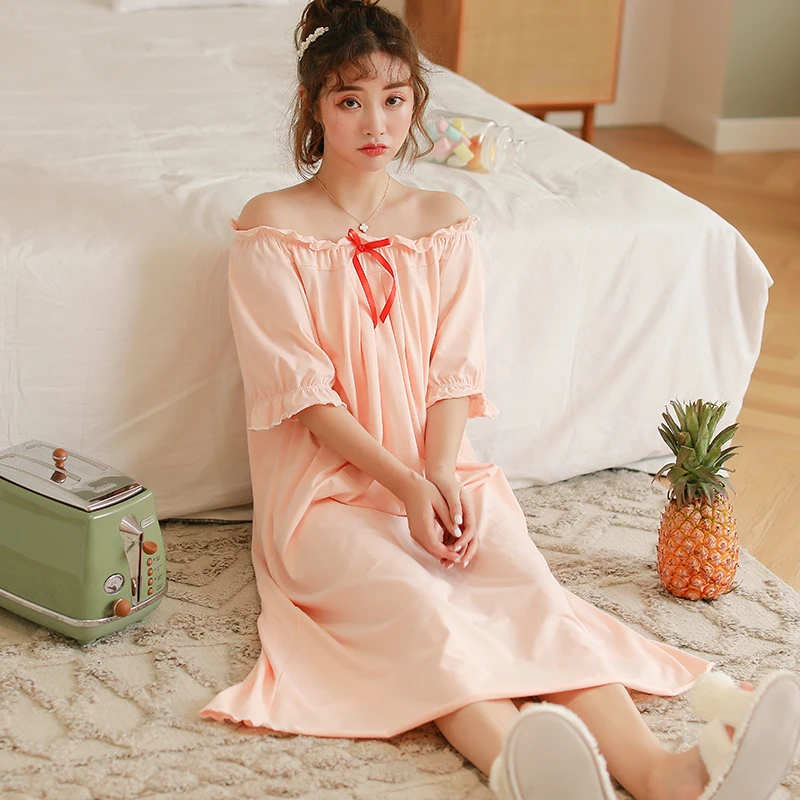 solid long nightgowns women elastic cotton long sleeve girls sleepwear sleep dress pyjamas casual cotton home dress - Цвет: color13